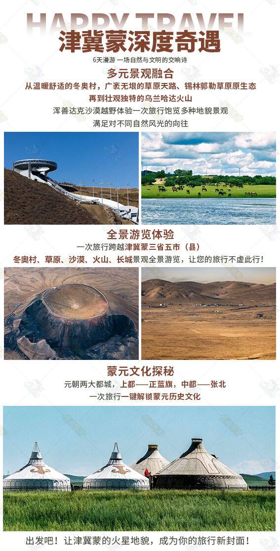 一次旅行跨越津冀蒙三省五市，冬奥村、草原、沙漠、火山、长城景观全景游览，让您的旅行不虚此行！大漠玩家打卡火星地貌双飞6日