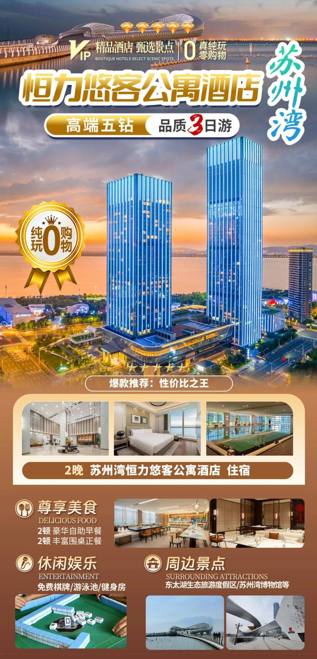 苏州湾◆高端五星【恒力悠客公寓酒店】3天2晚◆2豪华自助早餐2正餐◆免费棋牌◆免费健身房/游泳池◆周边游东太湖生态旅游度假区