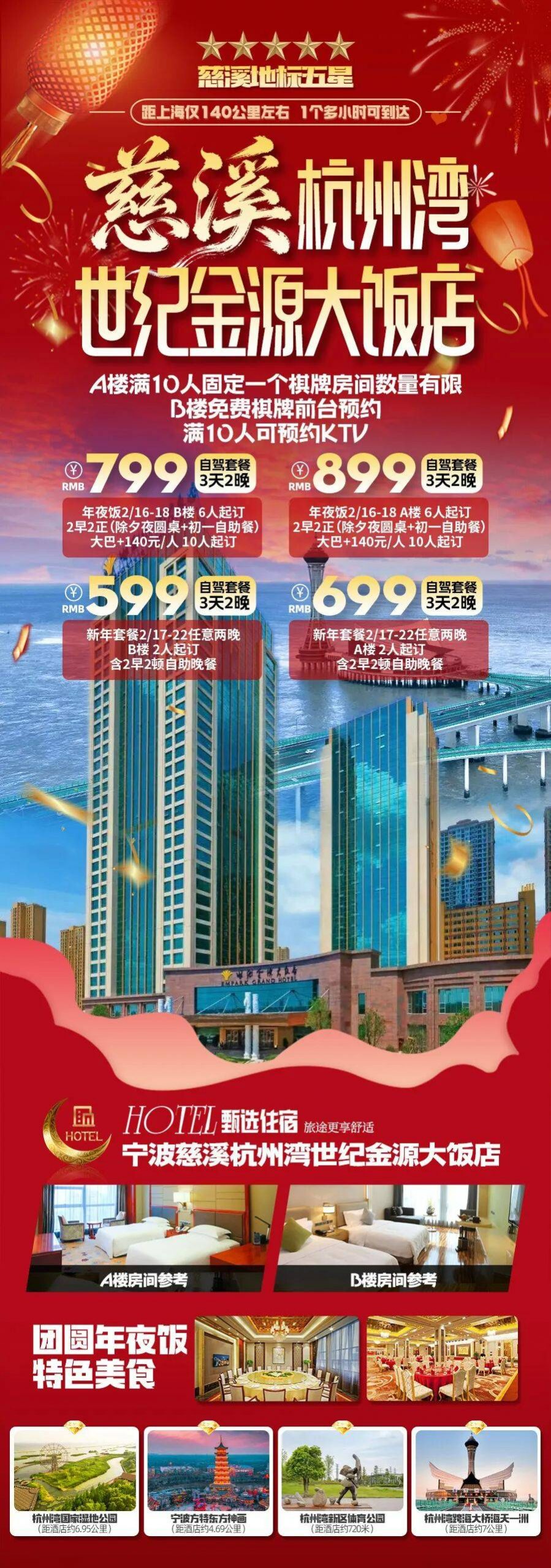 【过大年-宁波】爆款顶奢百分百好评天花板产品！慈溪地标五星【世纪金源大饭店】自驾3天2晚799元起享定制年夜饭；赠免费KTV麻将