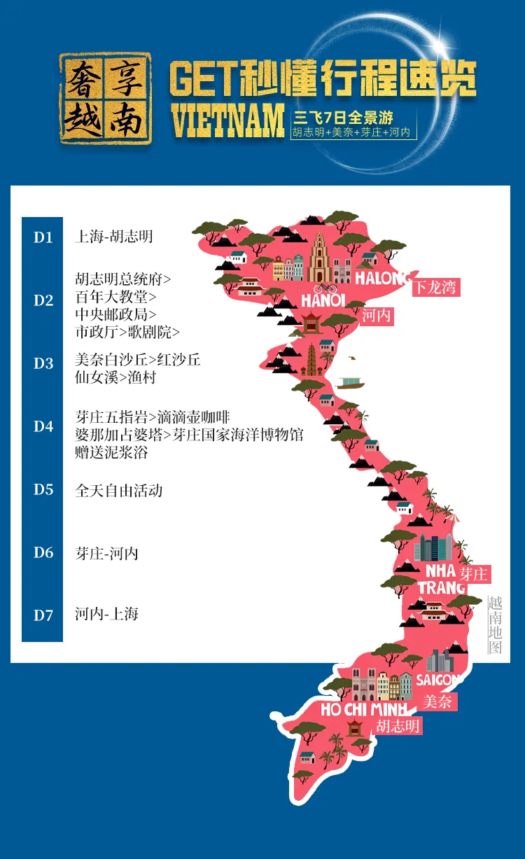 ❤️【奢享越南】4480元0购物三飞7日·胡志明+美奈+芽庄+河内·升级五钻豪华酒店